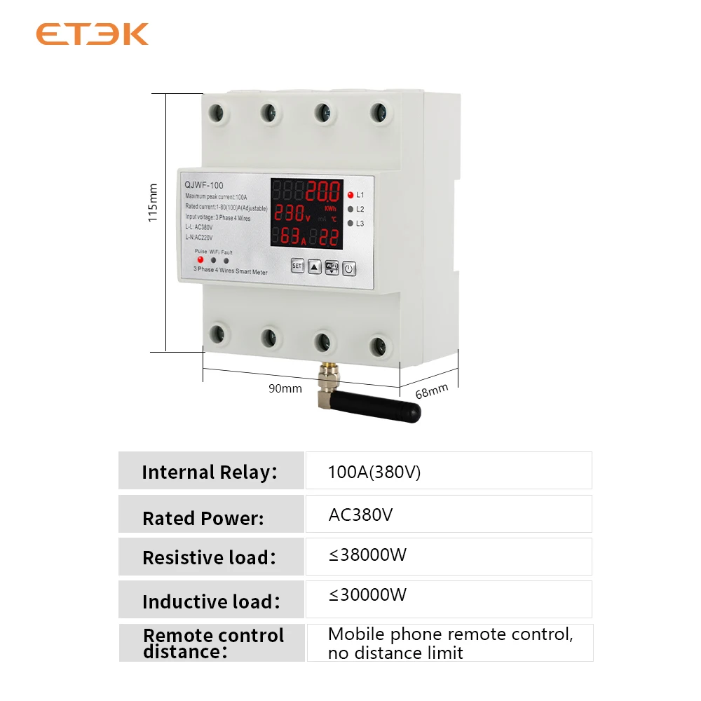 ETEK trifase Smart Auto-reclinabile protezione da sottotensione prepagato regolabile 100a 4P ACType TUYA WIFI misuratore di controllo QJWF