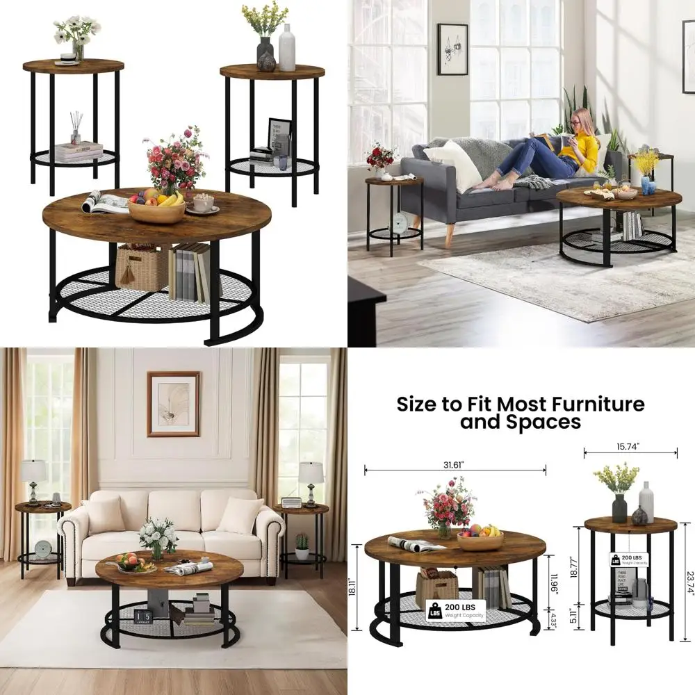 

Винтажный темно-коричневый кофейный и торцевой столик с местом для хранения вещей для гостиной