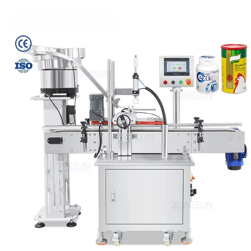 ZS-PG01 Automatic Chewing Gum Can Plastic Glass Wine Bottle Cap Pressing Capping Machine With Vibratory Bowl Feeder