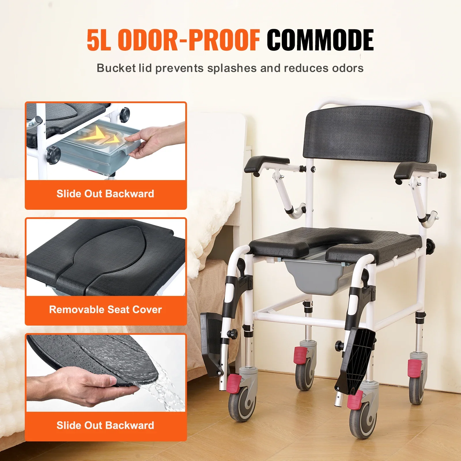 VEVOR-Fauteuil roulant Commode de douche avec 4 roues verrouillables, repose-pieds, bras rabattables, 3 niveaux réglables, recommandé, 5L perfecE27