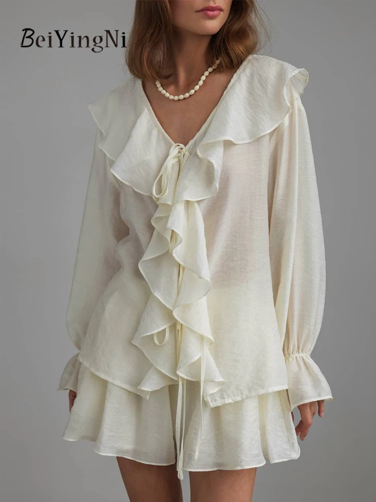 Beiyingni, camisas francesas con cuello en V, conjuntos de dos piezas para mujer, volantes, primavera Otoño, conjunto de pantalones cortos informales para mujer, Tops de calle, chándales