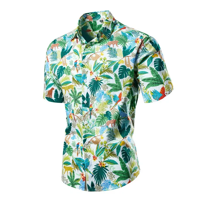 

Green Printed Short Sleeve Shirt Men's Summer Beach Casual Shirts, Single Breasted Lapel Camisa Chemise, Size 5XL,6XL,7XL,8XL