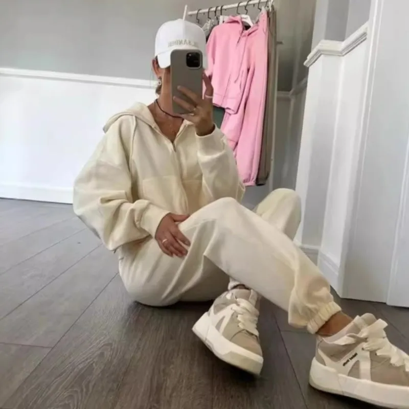

Женская спортивная одежда, комплект из двух предметов, осенняя однотонная толстовка на молнии с длинными рукавами, эластичные брюки на шнуровке, весенний женский спортивный костюм