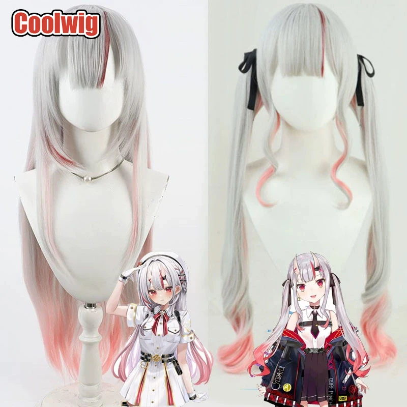 Coolwig Synthetic Hair Nakiri Ayame Cosplay Wigs Virtual YouTuber Nakiri Ayame 90cm Silver White Mixed Pink Wig Heat Resistant