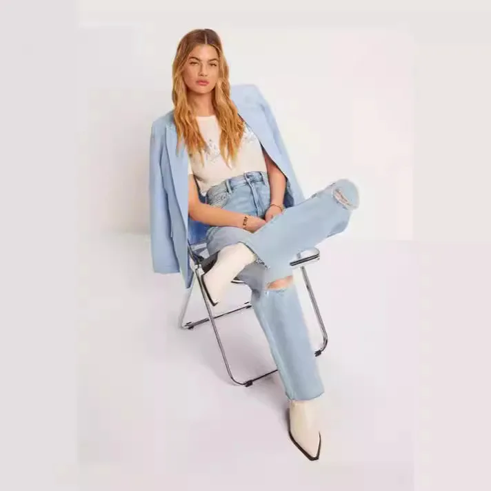 Jean déchiré délavé de neuf pouces, mode européenne et américaine, nouveau jean décontracté ample à jambes droites pour femmes au printemps et en été