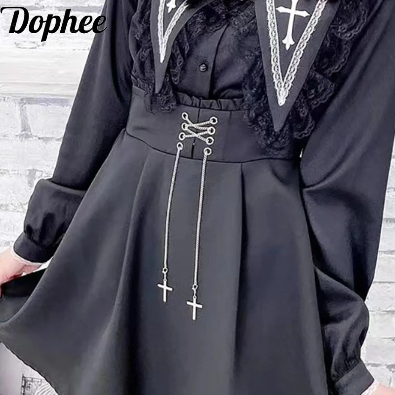 

Dophee Japan Style Women Black Cross Strap Skirt Subcultural Gothic Spring Summer Metal Cross Chain High Waist Braces Skirts