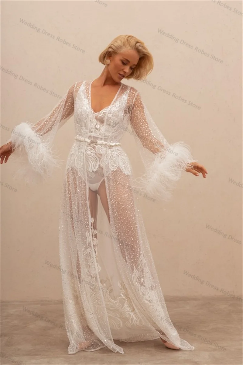 Shiny White Feather Women Prom Dress See Through Night Gown Wedding Dresses Sexy Sleepwear V Neck Custom Made Party Robes