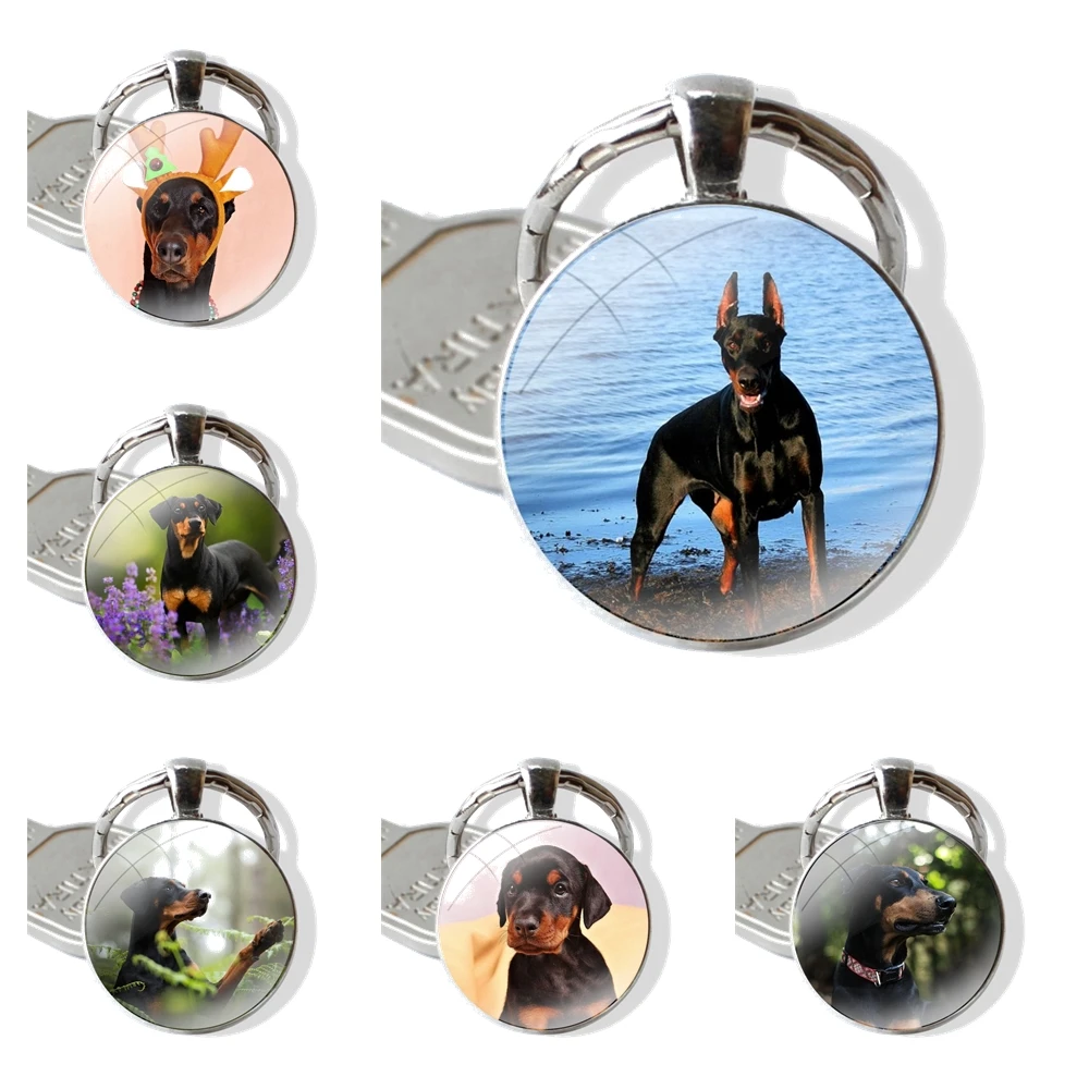 Keychain Glass Cabochon Metal Pendant Classic Men's Women's Keyring Animal Dachshund Doberman dog