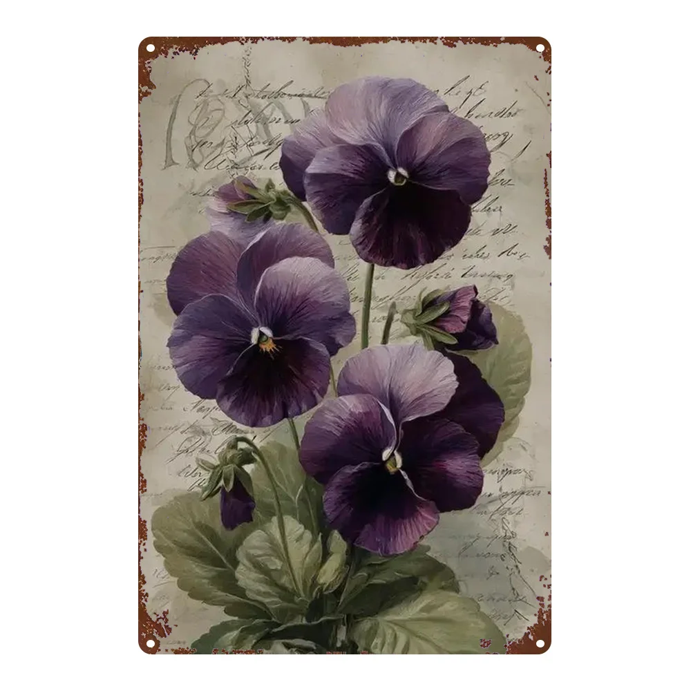 1 cartel de hierro con ilustración floral de una primula morada, ideal para decoración de paredes rústicas en salas de estar