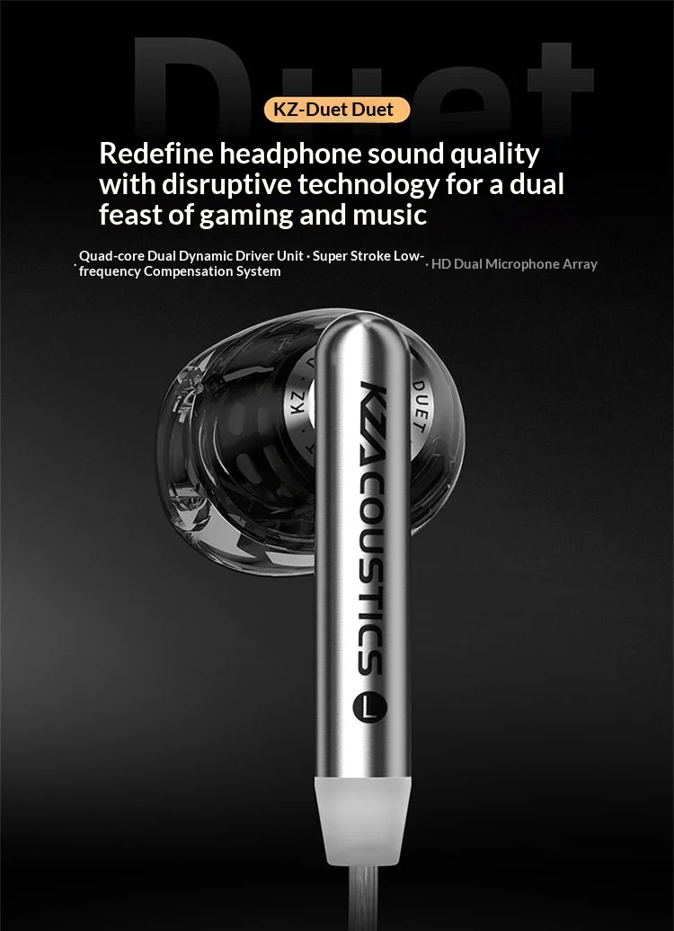 KZ KZ Duet Ohrhörer Hifi Bass Earbud Quad Core Dual Dynamic Driver HD Dual Mic Abnehmbares Kabelgebundenes Headset für Musik und Gaming – Detail 1