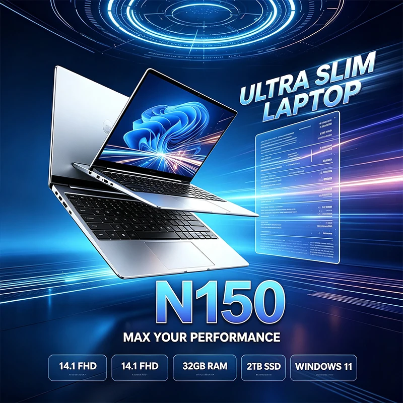 Notebook Ultra Fino de 14,1 Polegadas 120Hz FHD IPS Intel N150 32GB 2TB Teclado Retroiluminado Laptop de Longa Duração para Escritório e Negócios