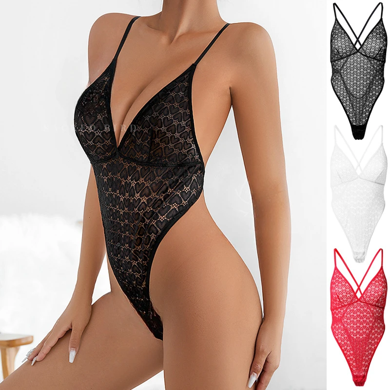 French Lace Deep V Neck Bodysuit Women Backless Love Embroidery Jumpsuit Hollow Out Sexy Top Transparente Body Malla Mujer