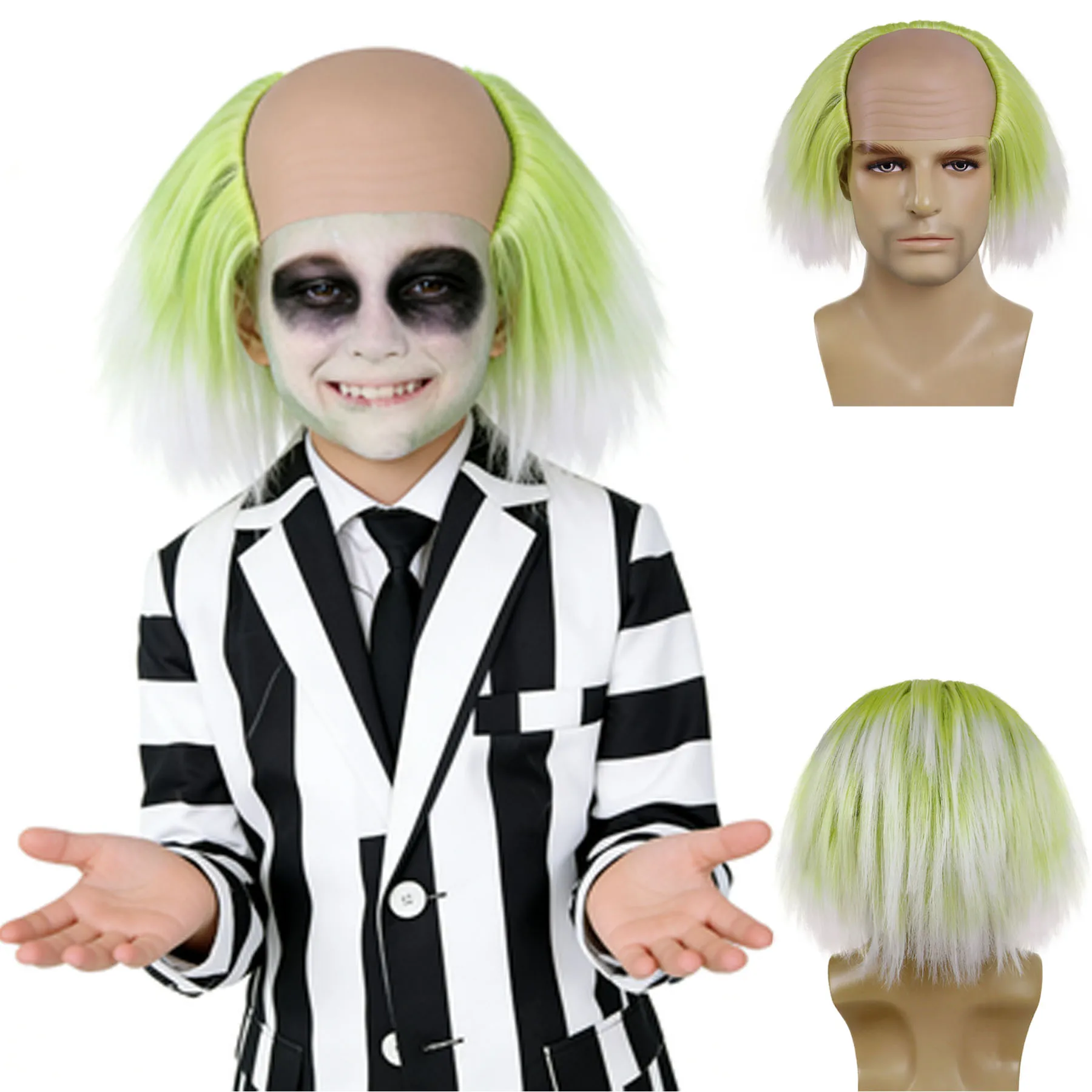 

Синтетический парик омбре зеленый-белый, парик клоуна, парик для косплея по аниме и фильмам, парик для костюма «Мад-сайентист»/«Гениус» с эффектом призрачности, парик на Хэллоуин