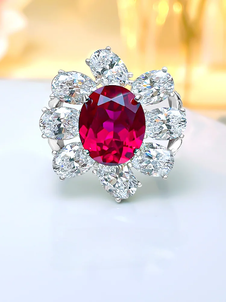 

High end sparkling flower red treasure blue treasure ring women's 925 pure silver luxurious temperament simple high-end fashion