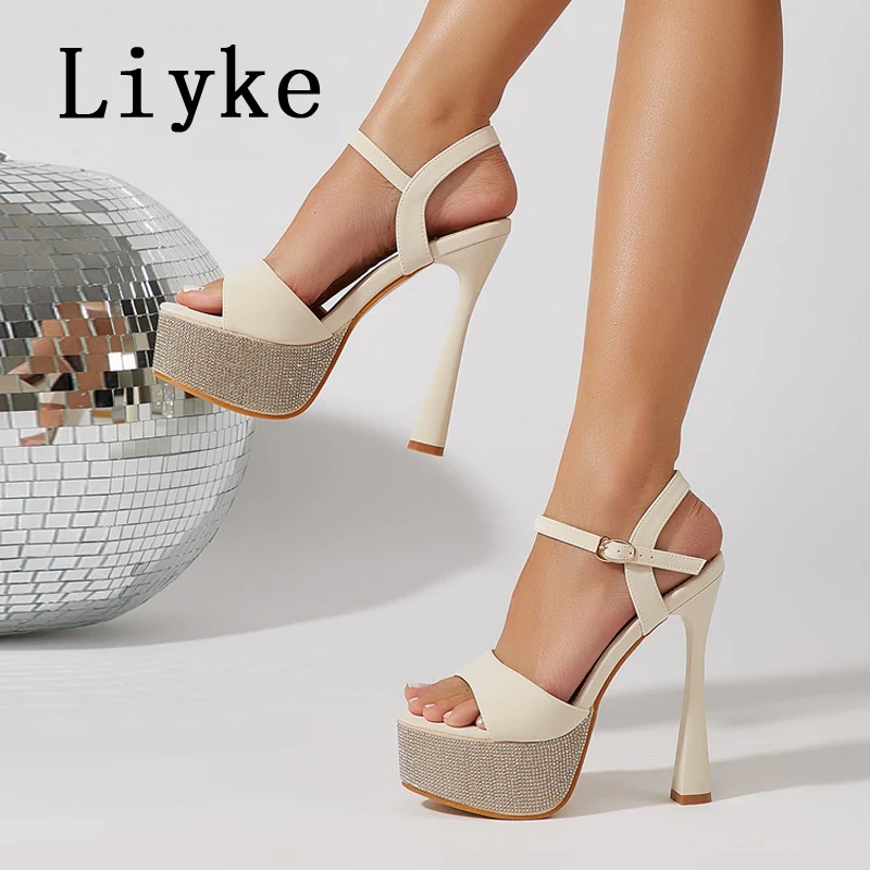 Liyke Summer Fashion Buckle Strap Platform Sandals Sexy Crystal Rhinestone Thick Bottom Open Toe Super High Heels Women Shoes