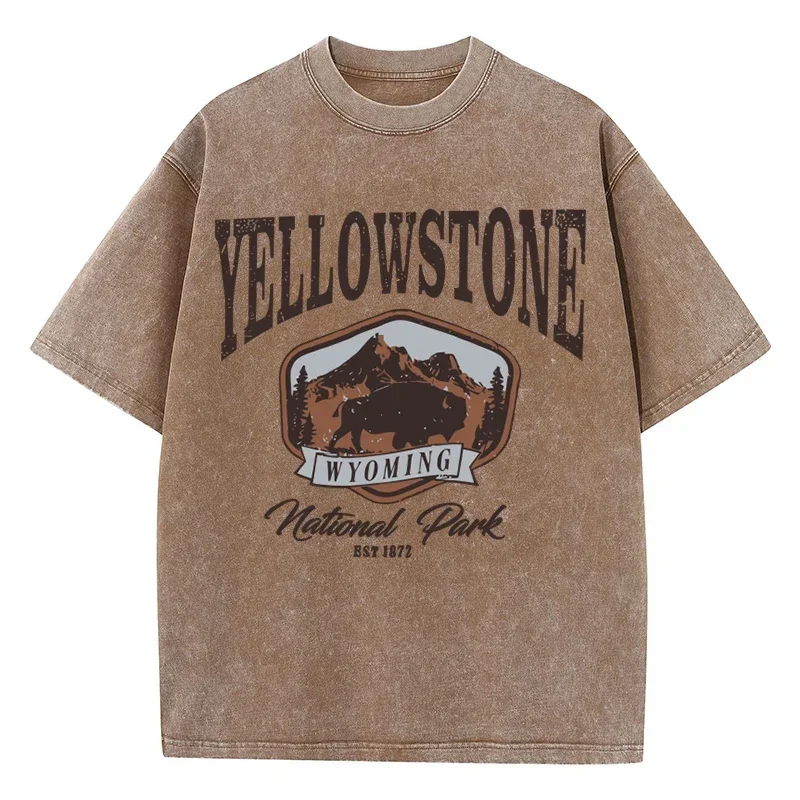 Herren- und Damen-T-Shirts aus gewaschener Baumwolle, Yellowstone Park Buffalo, Grafikdruck, Rundhalsausschnitt, kurze Ärmel, Sommer-Freizeitoberteile – Detail 8