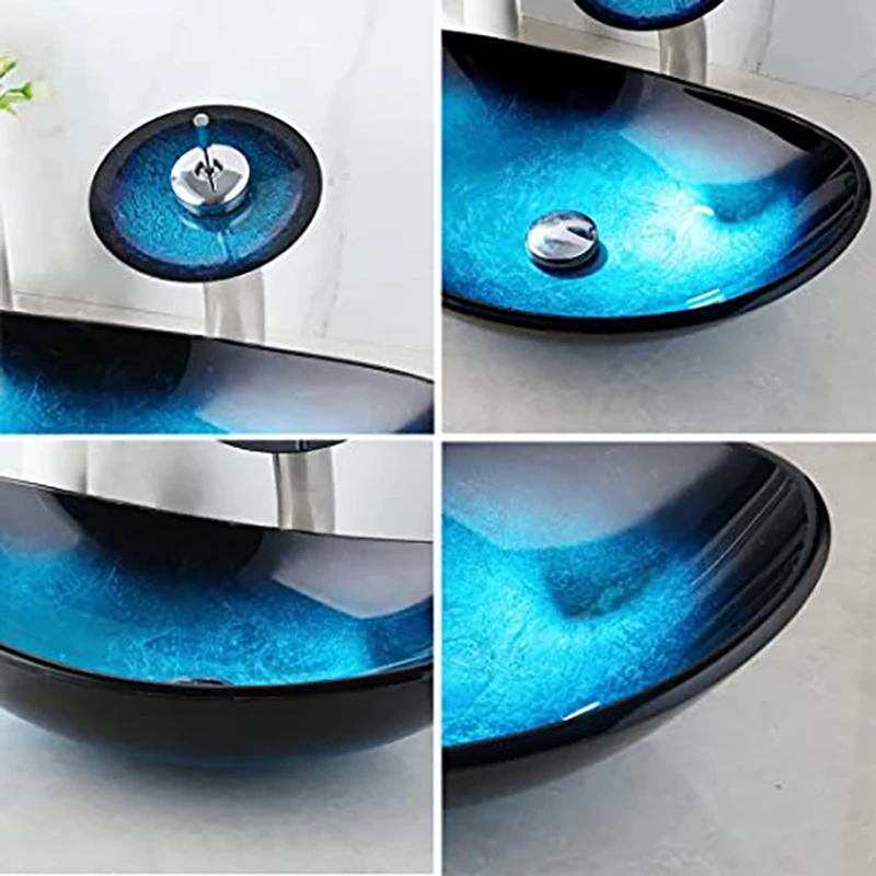 KEMAIDI Oval Blue Bathroom Vessel Sinks With Faucet Vessel Sink Bathroom Glass Sinks Boat Shape Above Counter Glass Sink Bowl view 4