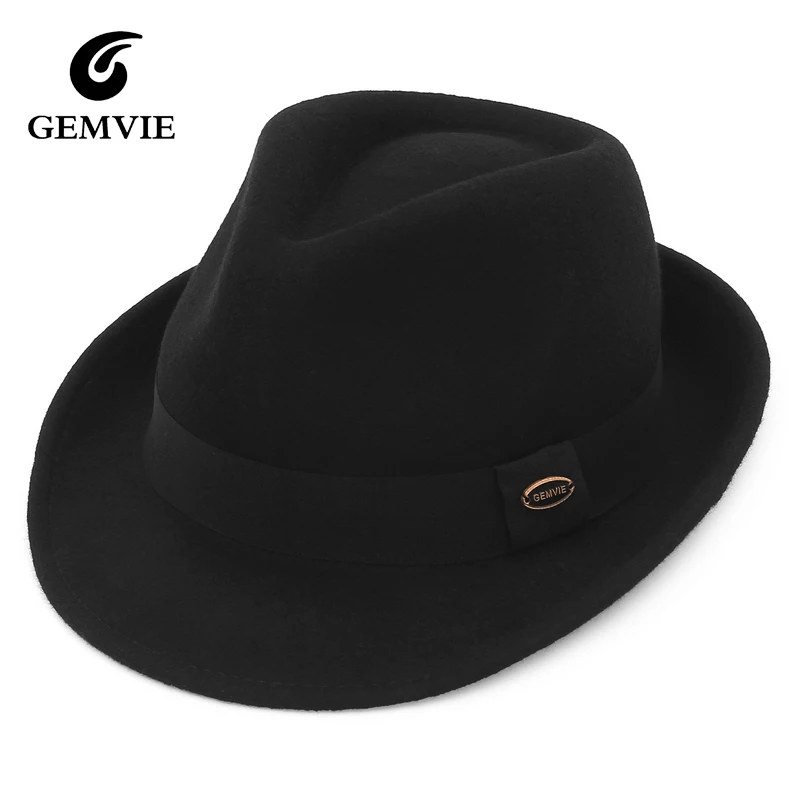 

GEMVIE 100% шерсть, черные джазовые шляпы в стиле ретро, мужские фетровые фетровые шляпы-федоры, осень-зима, уличная однотонная панама-трилби с поясом