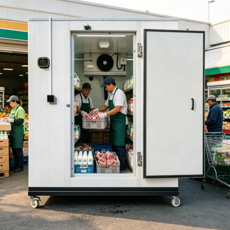 Customized White Vertical Stripe Portable All-In-One Cold Storage Unit, Built-In Refrigeration Walk-In Chiller Freezer