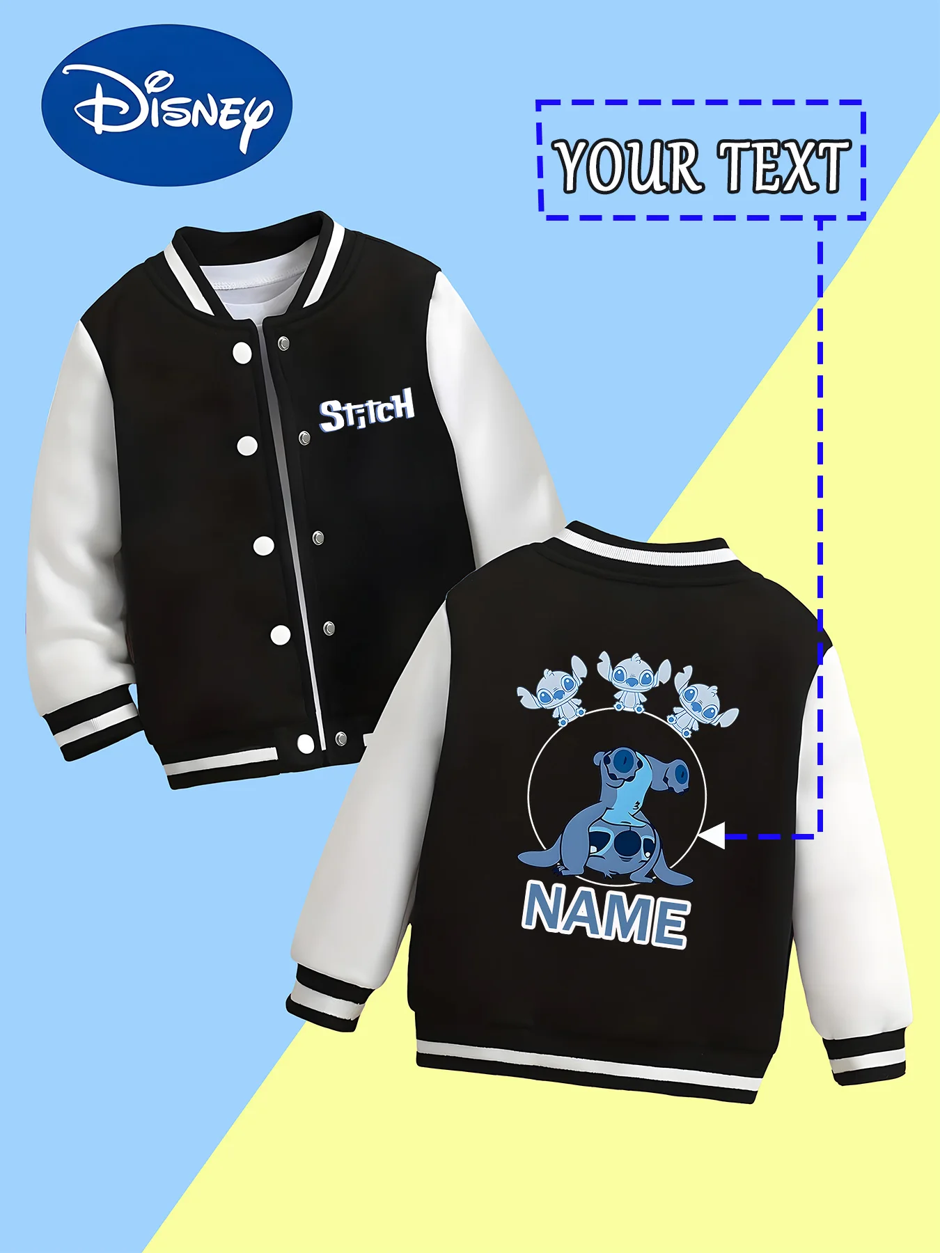 

MINISO Disney Boys Baseball Jacket - Stitch Family Cute Print, a group of "blue friends" Super healing, super warm to wear for w