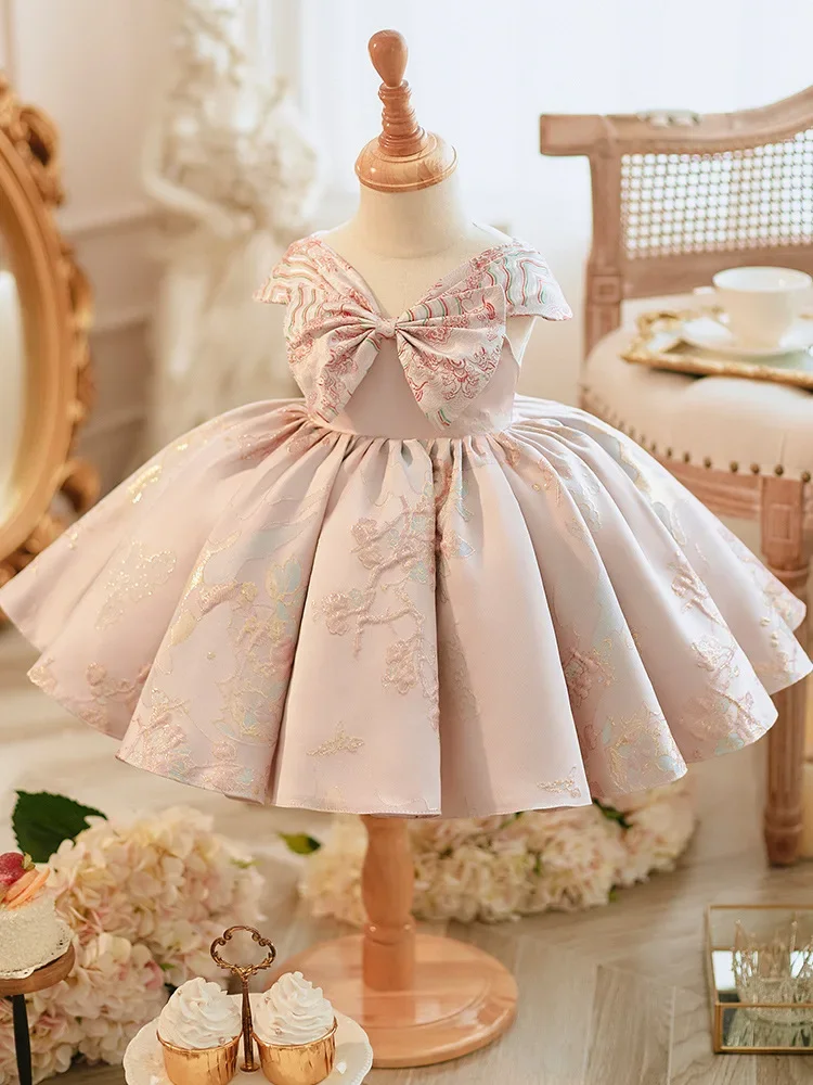 Girls High-End Princess Ball Gown Children Cute Bow Design Birthday Baptism Party Evening Piano Performance Dress y1017