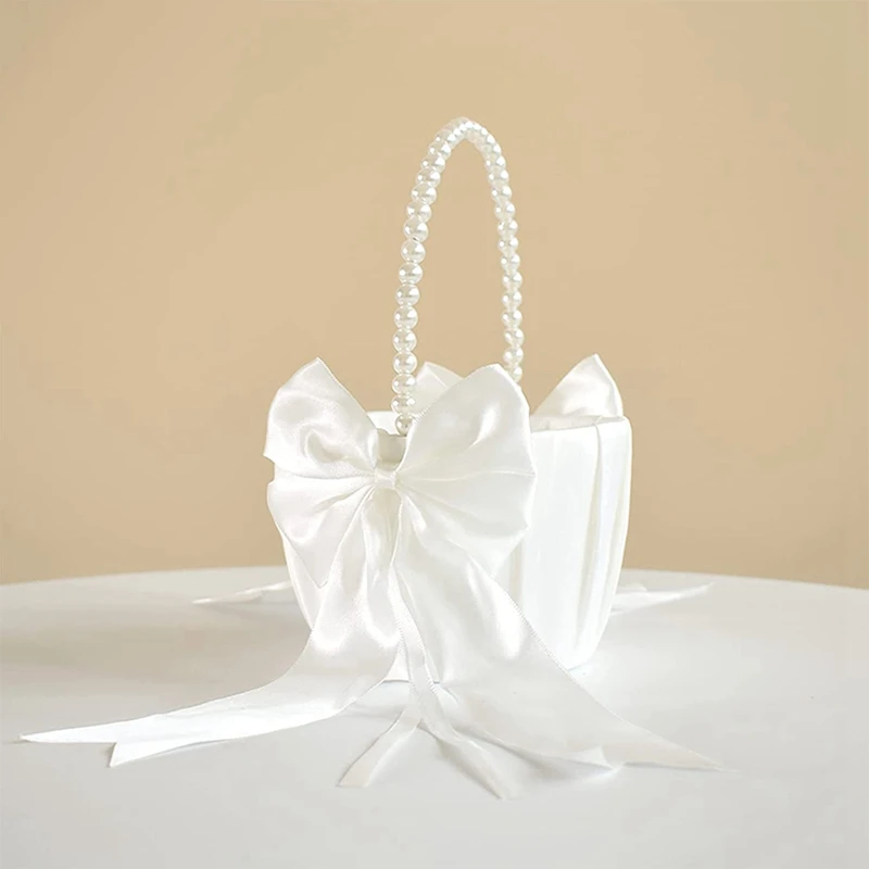 New Wedding Flower Girl Basket With Cute Pearl Handle Bowknot Satin Flower Baskets For Wedding Ceremony Etc