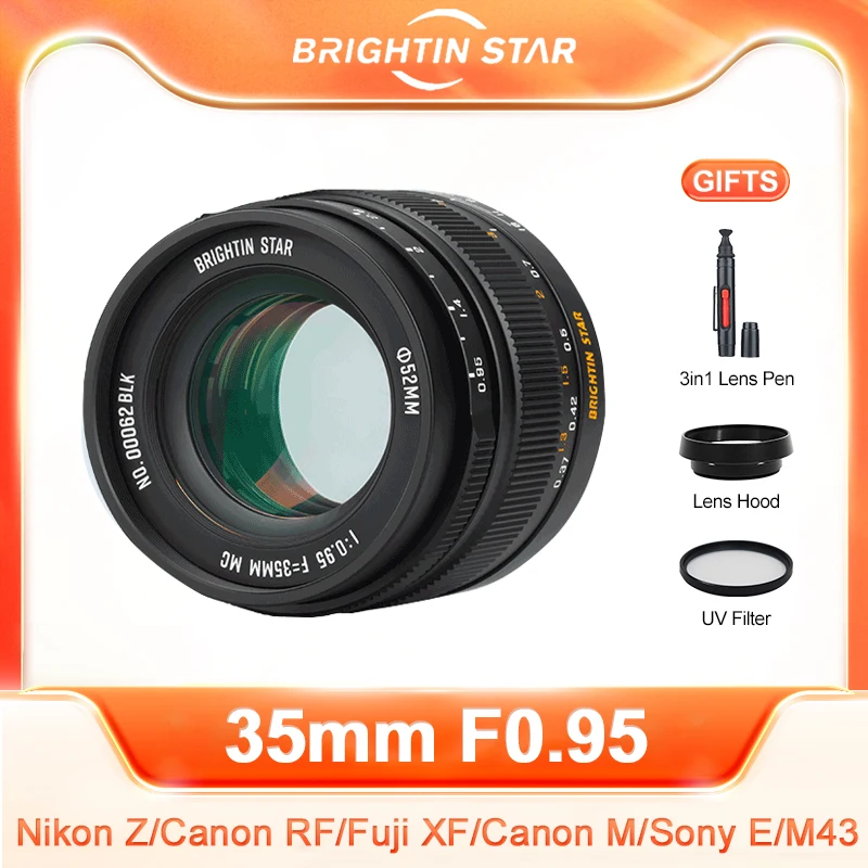 Brightin Star 35mm F0.95 Large Aperture Lens for Fujifilm X Sony E Nikon Z Canon M Canon RF M43 Mount Mirrorless Camera