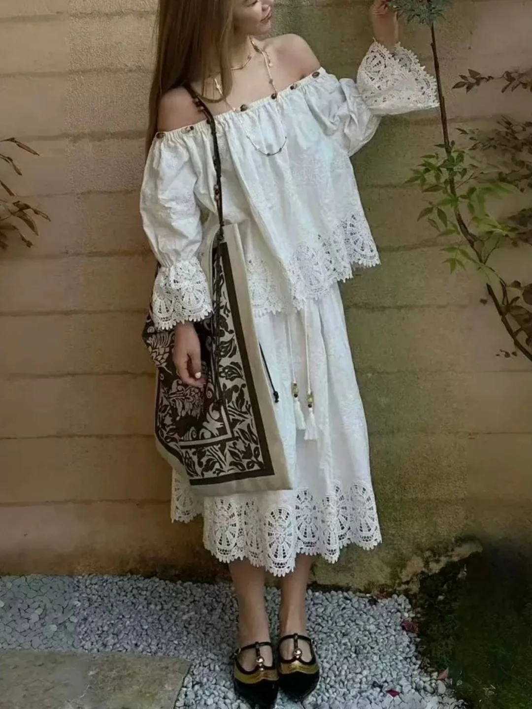 

Spring Summer New White Lace Patchwork Set One oulder irt Long Sve Cotton Casual Loose Fit Women's Breathable Skin-fri...