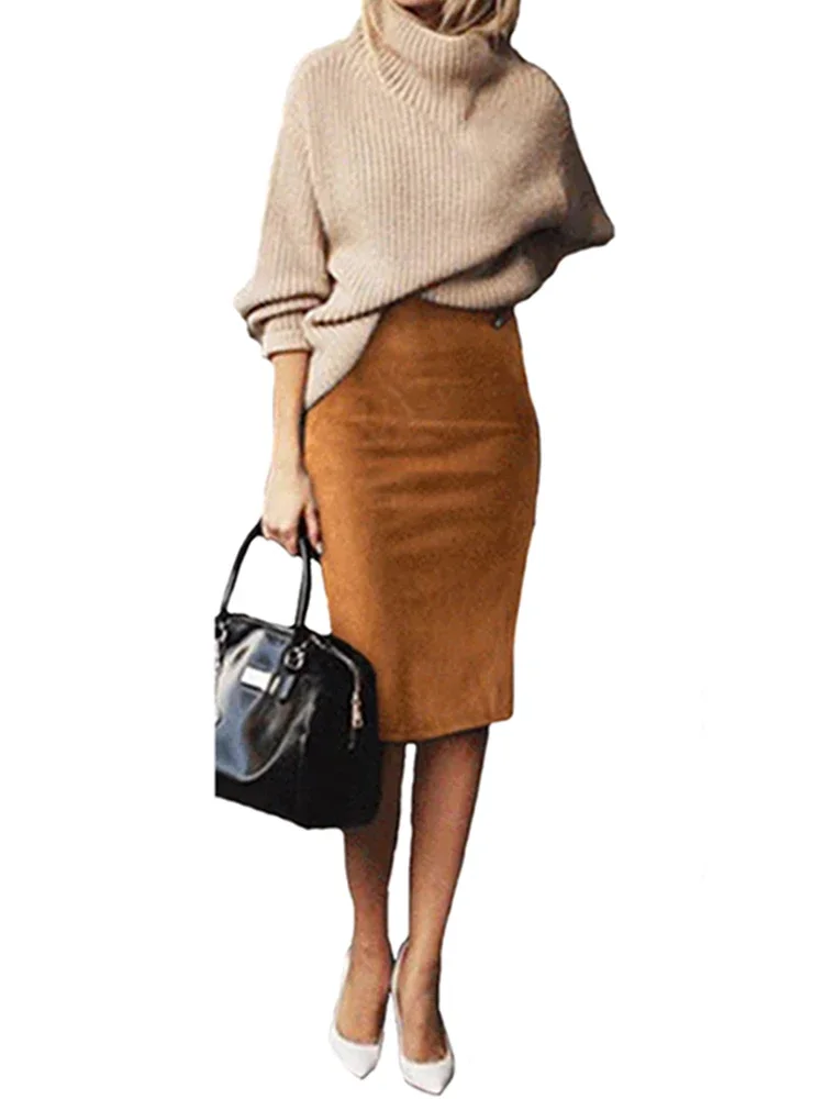 

Sexy Multi Color Suede Midi Pencil Skirt Women 2025 Fashion Elastic High Waist Office Lady Bodycon Skirts Saias
