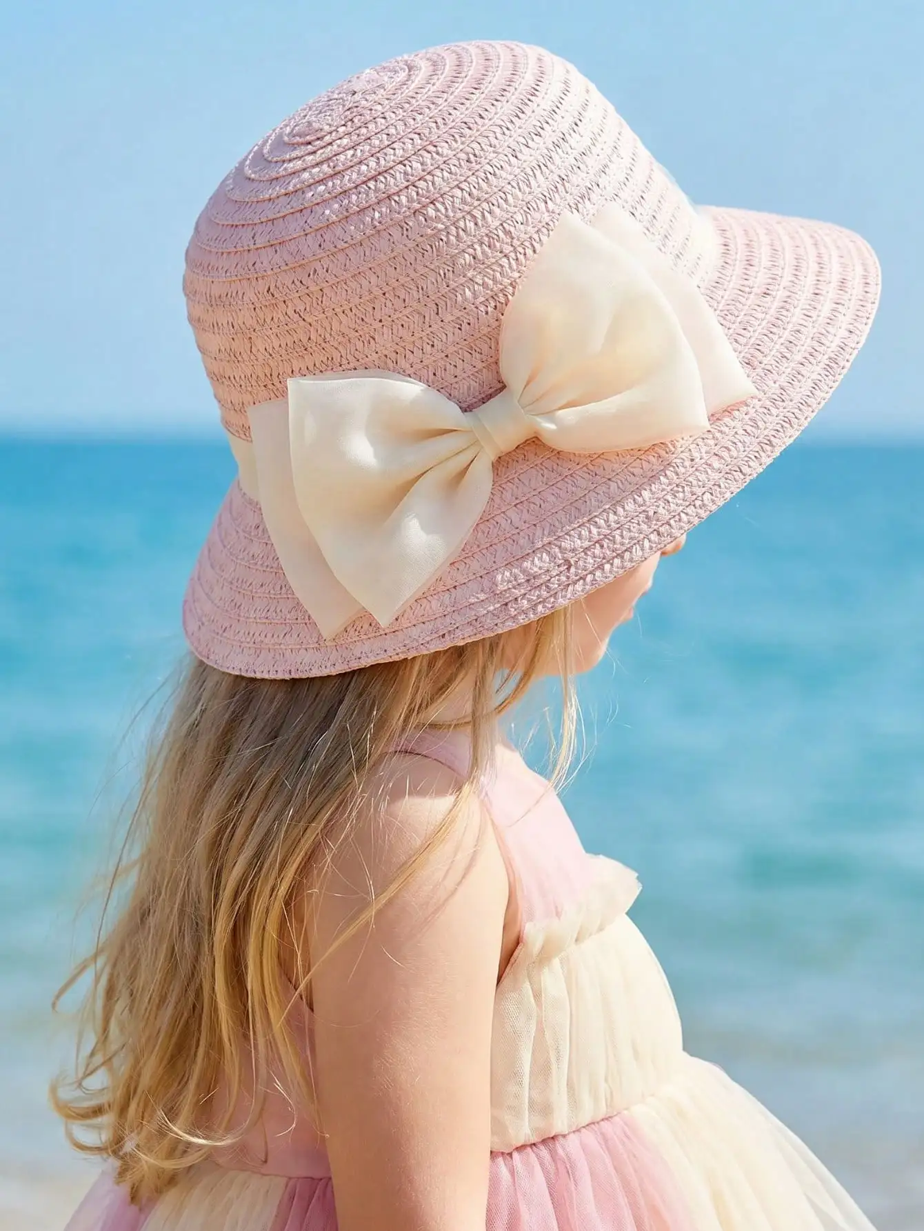 1 Stück rosa Strohhut für Mädchen im Alter von 3–8 Jahren mit großer beiger Schleife, atmungsaktiver Sonnenhut mit breiter Krempe für Strand- und Outdoor-Sportarten