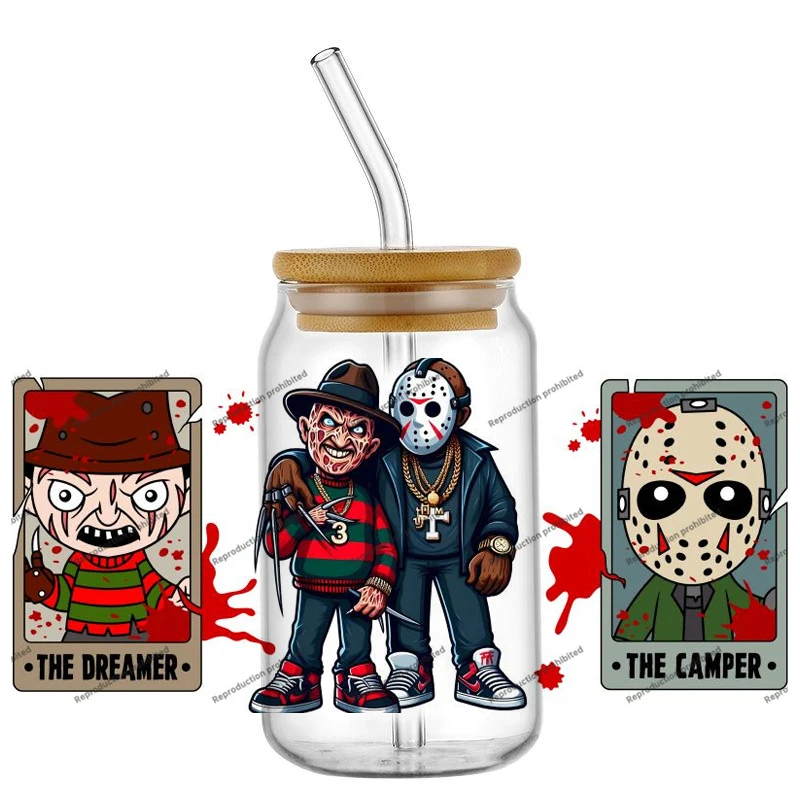 

New Design Happy Halloween Horror Move Killer Thug Life Rapper 16oz UV DTF Stickers Decals Glass Can Cup Mug Craft Gift