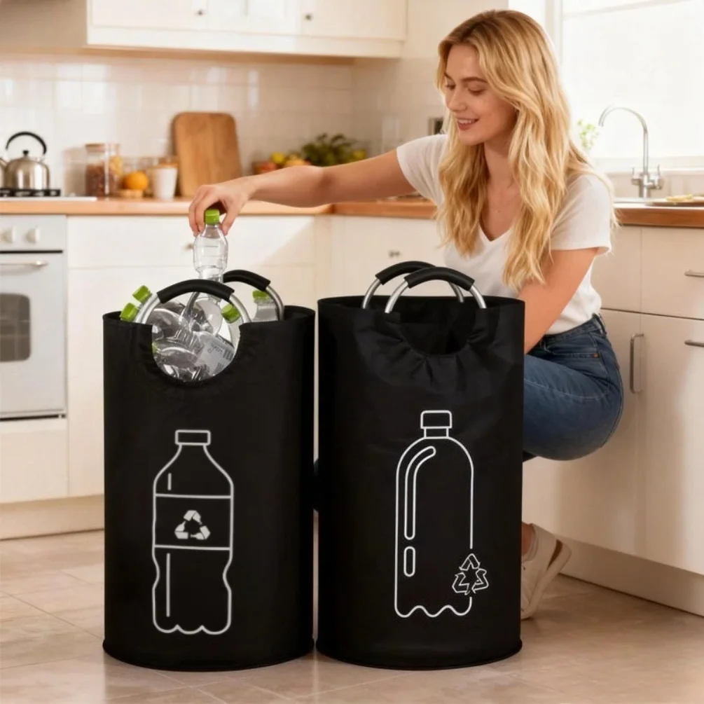 

Large Capacity Empty Bottle Storage Basket With Aluminum Handle 82L Wastewater Bottle Collector Bag Folding Recycling Bin