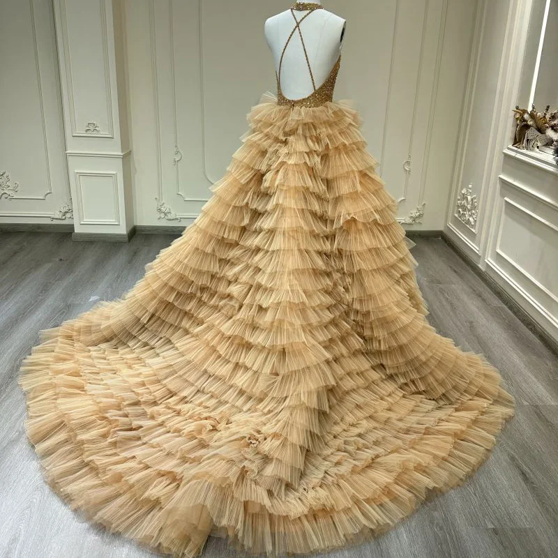 2024 new high-end champagne gold gorgeous design round-neck sleeveless cake skirt