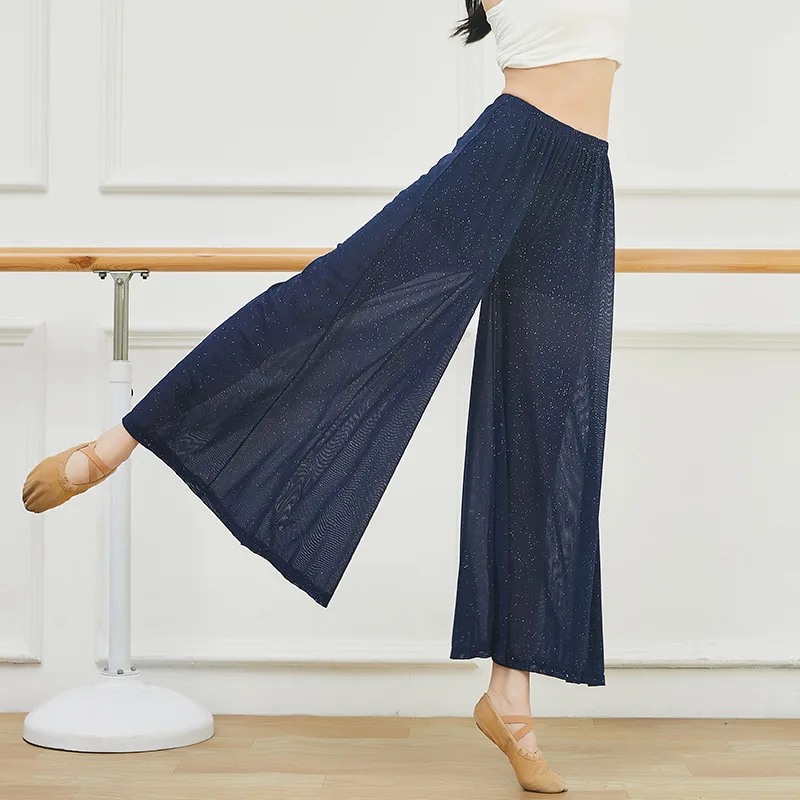 Pantalones de baile clásico para mujer, pantalón holgado de pierna ancha, malla de cristal plateado, Ropa de baile, Rima corporal