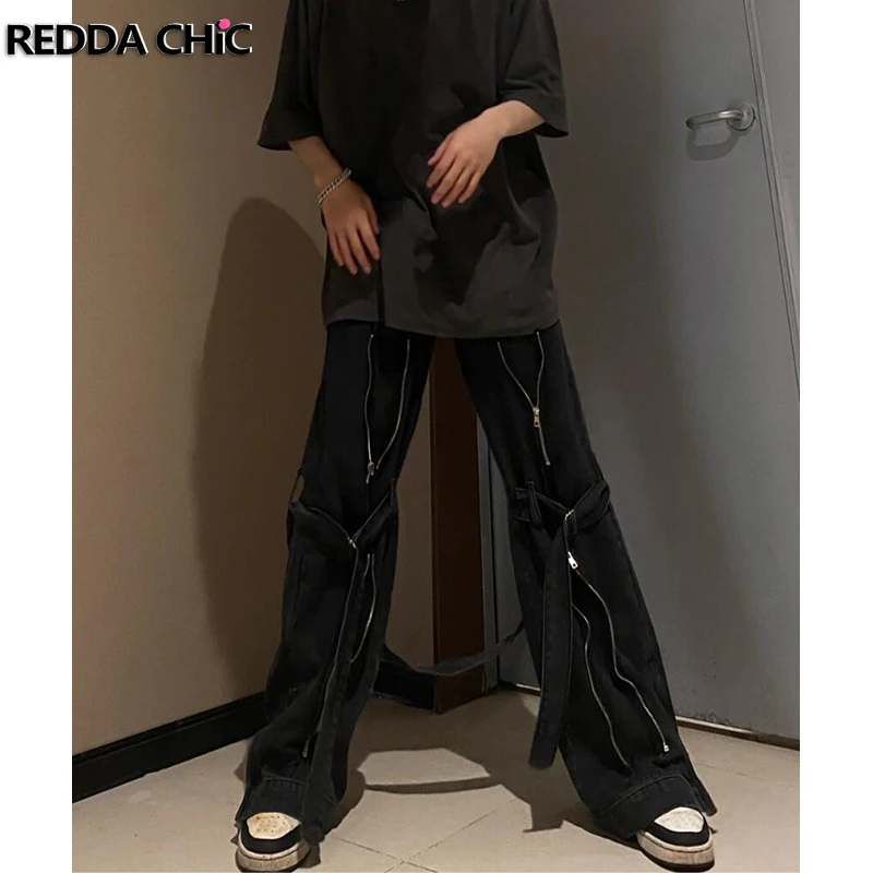 REDDACHIC Men Full-zip Black Cargo Jeans Pockets High Waist Belt Loose Wash Denim Wide Leg Straight Pants Retro Dance Streetwear