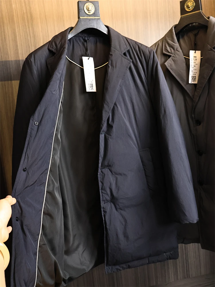 

Ele Faionable! Non-Bulky Warm 90 down Pure Color Men's Mid-Length Du down Jaet with Notch Collar for Autumn Winter