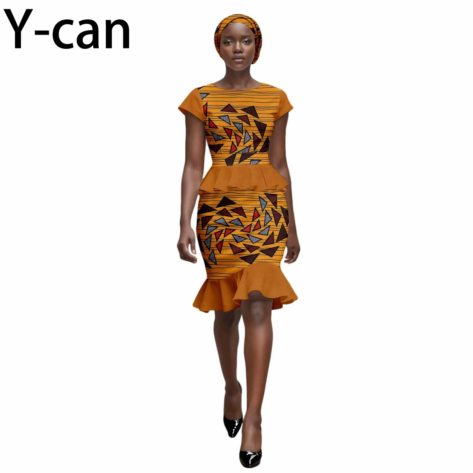 

Women's African Skirt Set Ankara Print Ruffled Top with Knee-Length Skirt And Headscarf for Party Wedding 2526084