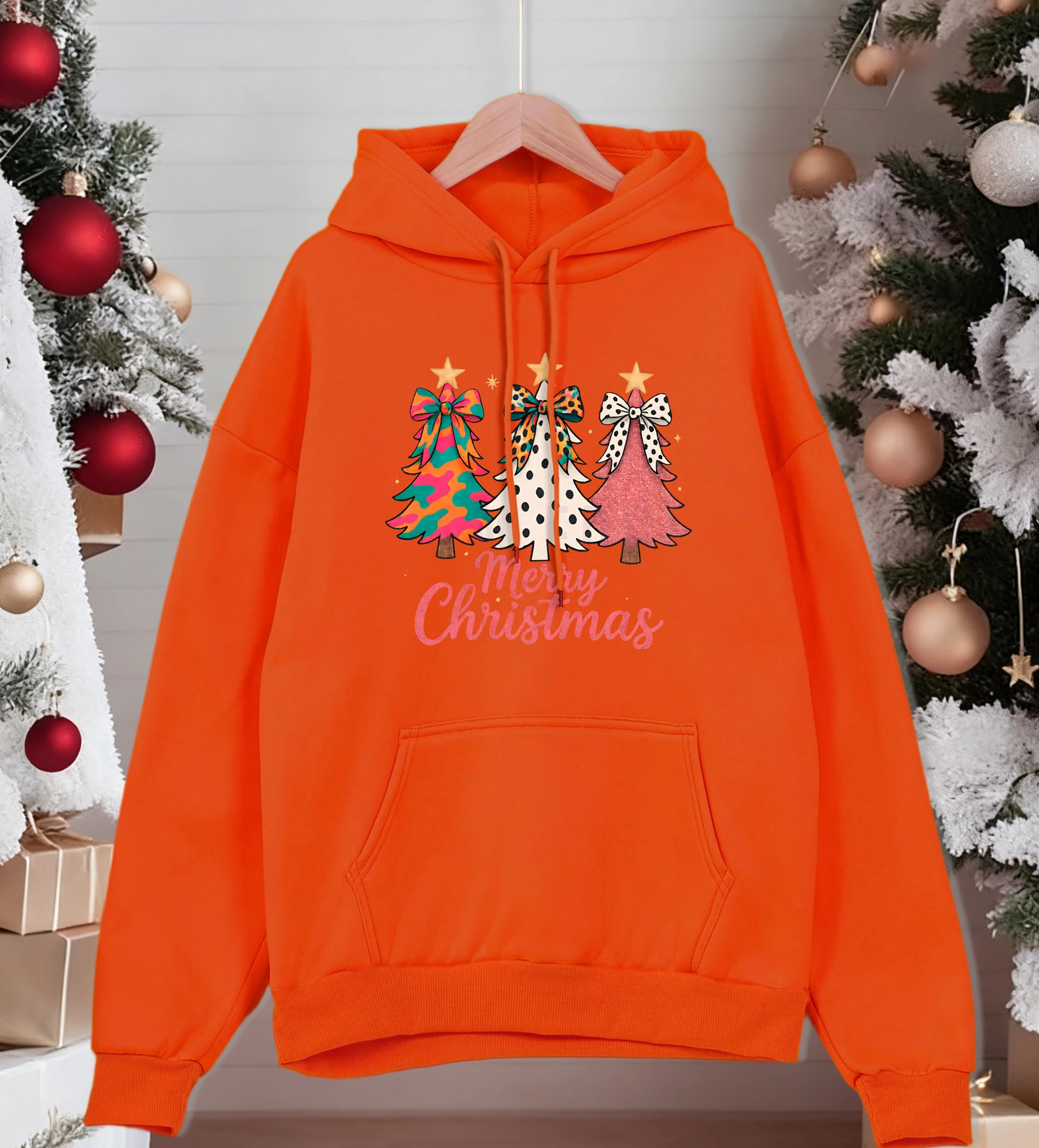 عيد ميلاد سعيد أشجار القوس الملونة طباعة هوديس الرجال الصوف المتضخم الشارع الشهير كل مباراة جيب هودي الخريف ملابس كاجوال