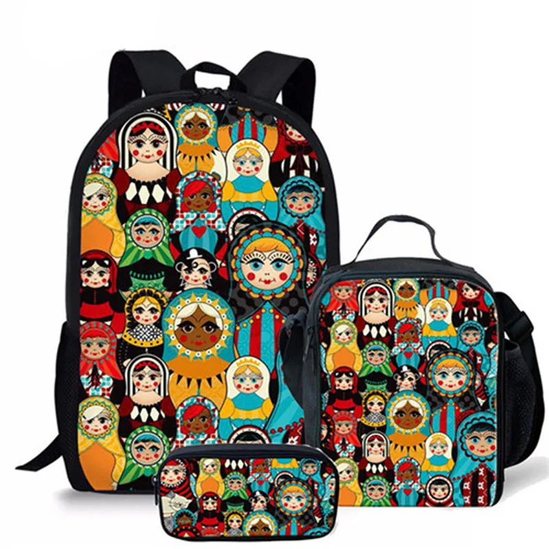 

School Bags for Boys Girls Back Pack Fashion Russian Matryoshka 3D Print Student Bookbag Kids Backpack 3Pcs/Set Mochila Escolar