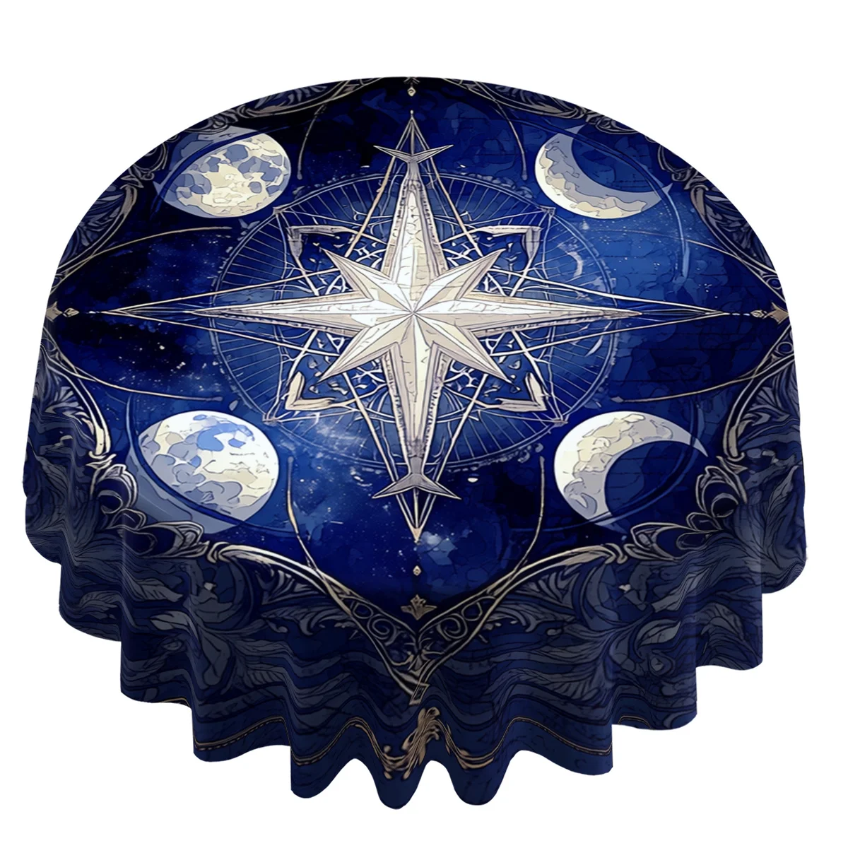 1pc Round Tablecloth with 2D Printed Star, Moon Phase, Floral, and Starry Sky Patterns, 60-inch/60.0inch Diameter