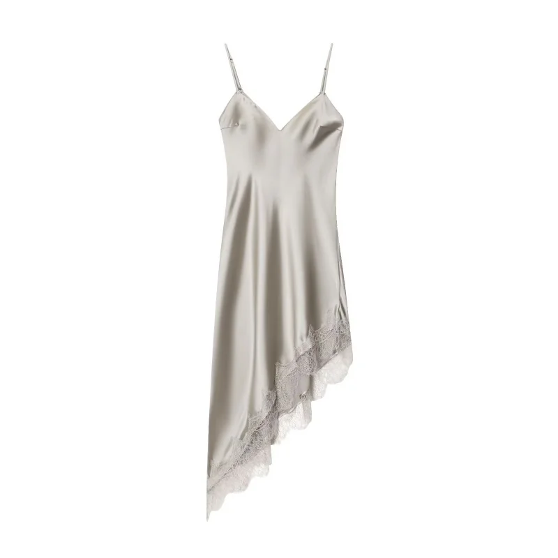 Herbst V-ausschnitt Ärmellose Asymmetrische Saum Halfter Kleid Frauen Spitze Seide Satin Textur Kleid Weibliche Sexy Party Tragen 2023 Neue