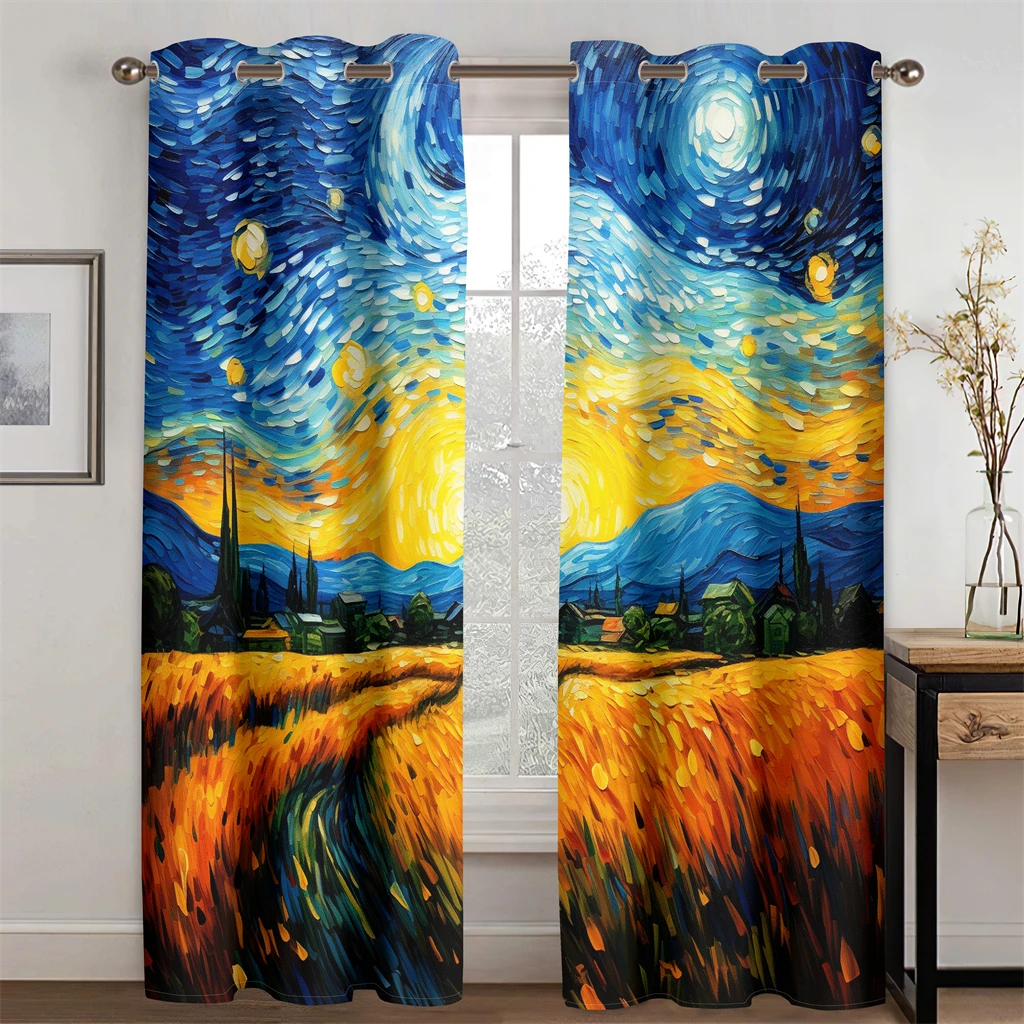 Van Gogh's Dreamland Pastoral Oil Painting Curtains New Arrivals 2 Pcs Fit Living Room Bedroom Kitchen Balcony Window Decor