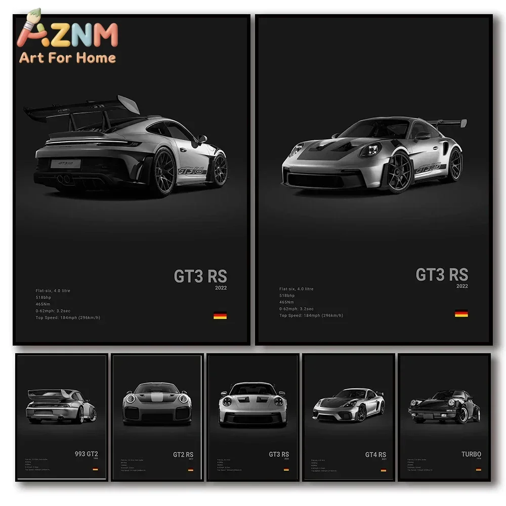 AZNM Porsche GT3 RS Canvas Wall Art German Racing Sports Car Spec Poster Unframed Canvas Print for Garage Decor
