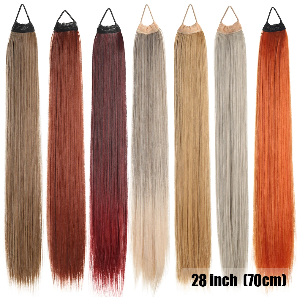 28 Inch Synthetic Ponytail Extensions Blonde Brown Braided Pony Tail Hairpiece Long Straight Rubber Band Hair For Women