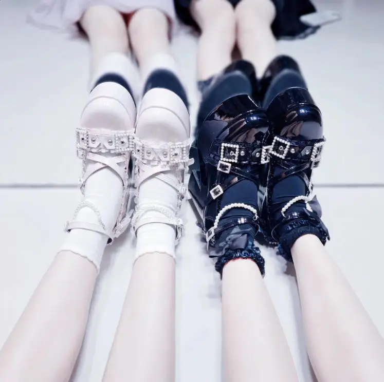 

Оригинальные кожаные туфли-лодочки Мэри Джейн в японском стиле Mine Lolita для девочек, женские розовые и черные туфли на высоком каблуке с жемчугом и стразами