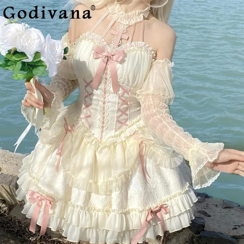 

Japanese Sweet Lolita Princess Dress Women Gothic Cross Bow Bandage Lace Ruffles Party Dress Girly Slim-Fit Harajuku Cute Dress