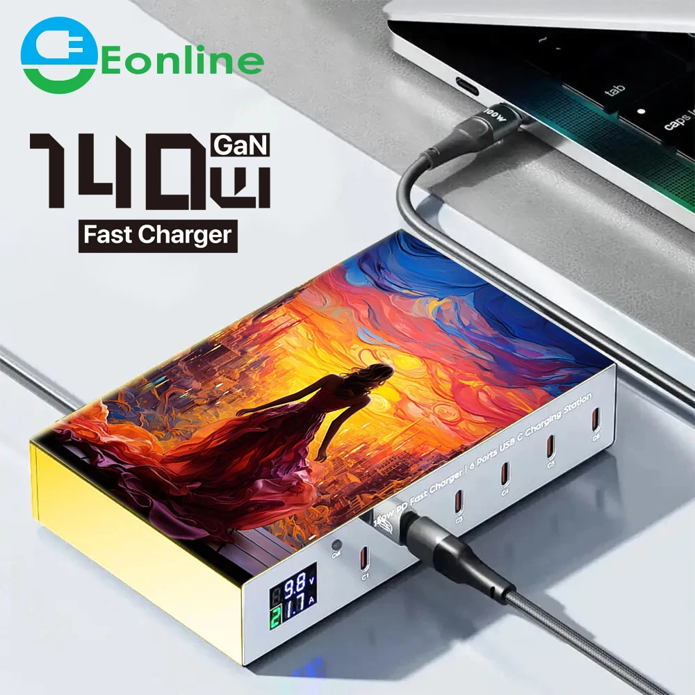 Eonline 3D LED 140W 6 in 1 PD Charger Quick Charge 3.0 USB C fast Charger Station Charging ForPhone Laptop Type c