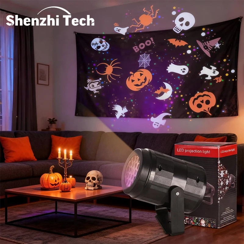 Halloween LED Pattern Projector Light, Rotatable Holiday Decor Lamp with Ghost Pumpkin Spider Images, Indoor Wall Ceiling Decora