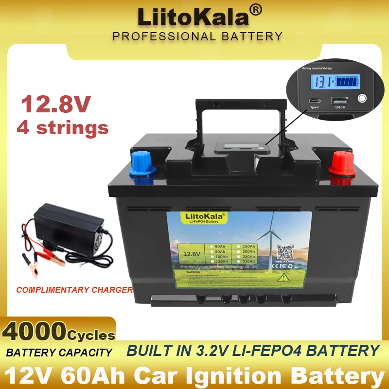 12V 60AH 4s LiFePO4 Battery Lithium Power Batteries 4000 Cycles for 12.8v Inverter Car lighter Solar Wind +14.6V 10A Charger