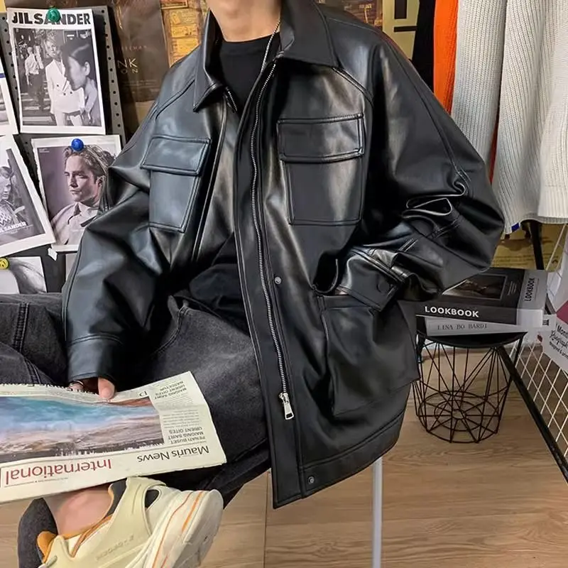 Jaqueta de couro PU para mulheres, Vintage Zipper Streetwear, Casaco preto chique coreano, Casaco grande